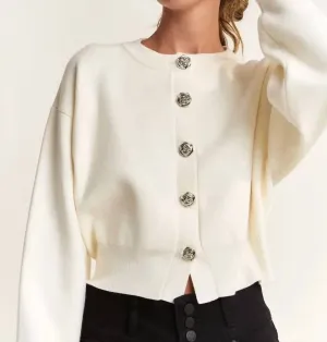 Long Sleeve Button Cardigan In Ivory Rose