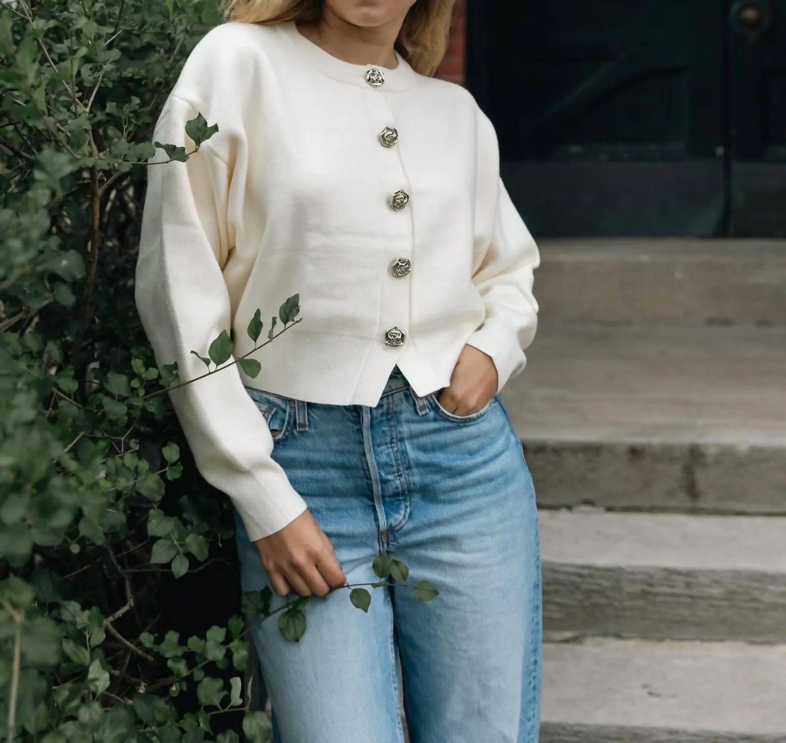 Long Sleeve Button Cardigan In Ivory Rose