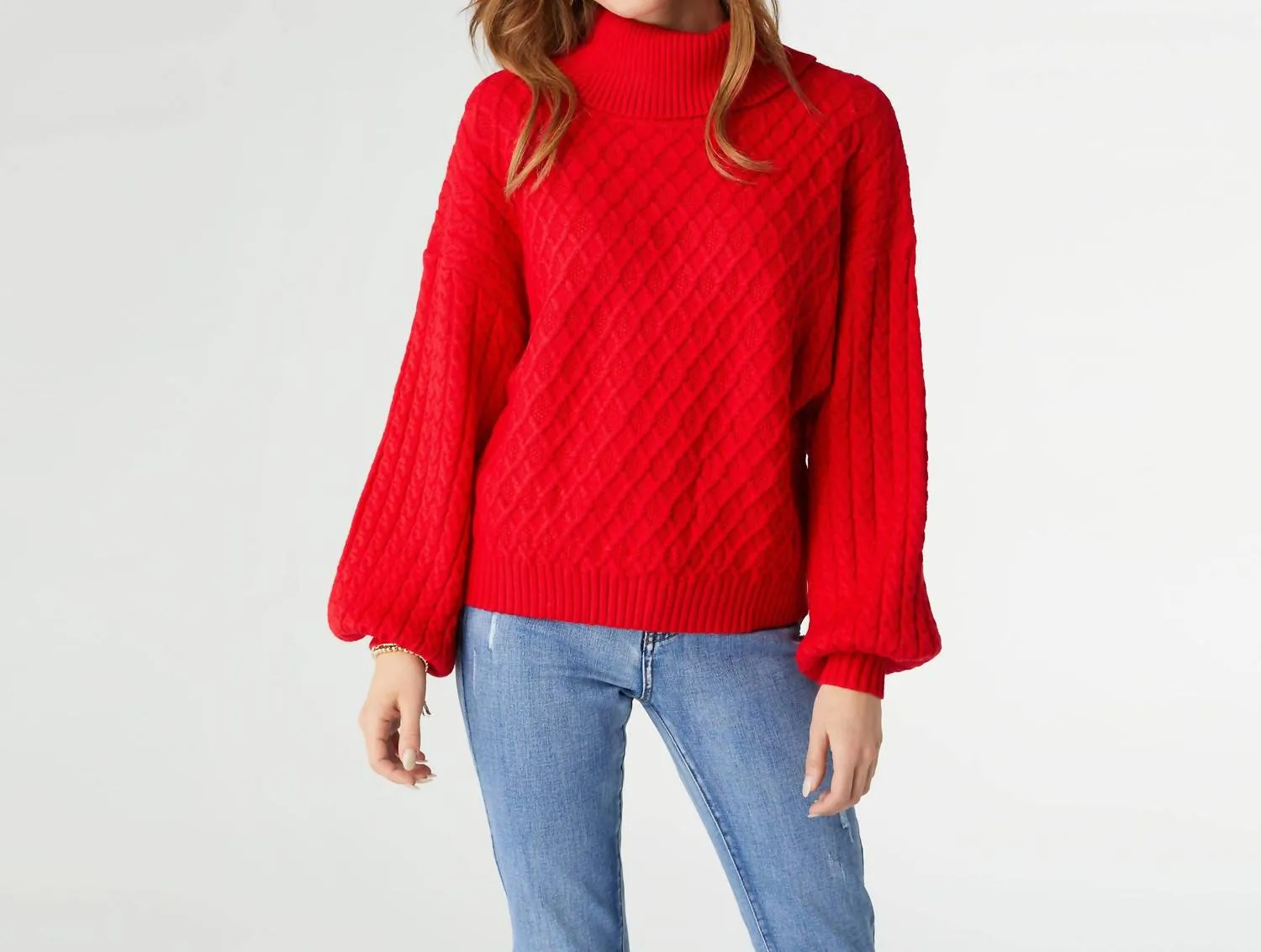 Maren Cable Knit Turtleneck Sweater In Red