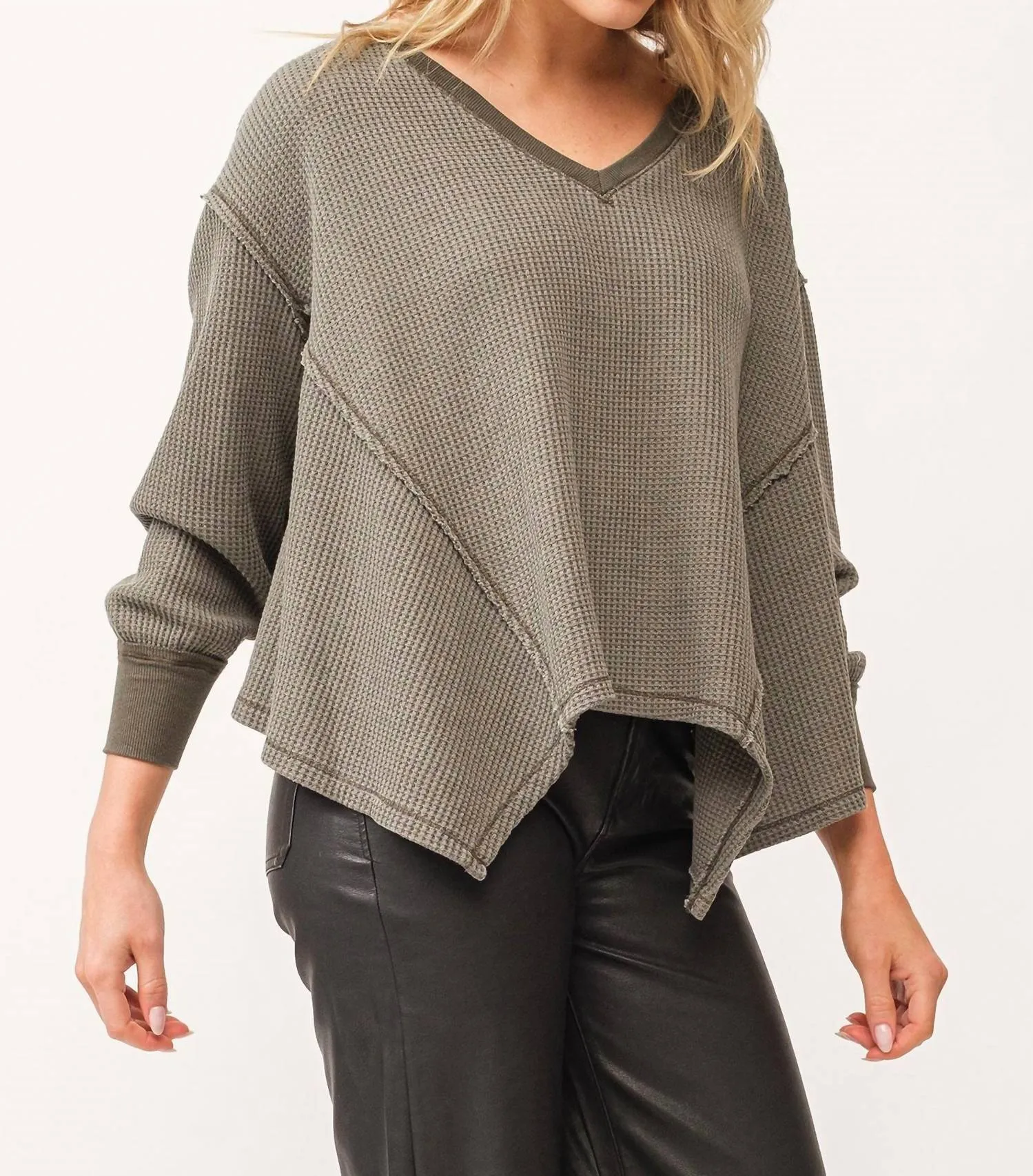 Miranda V-Neck Oversized Thermal Top In Dark Olive