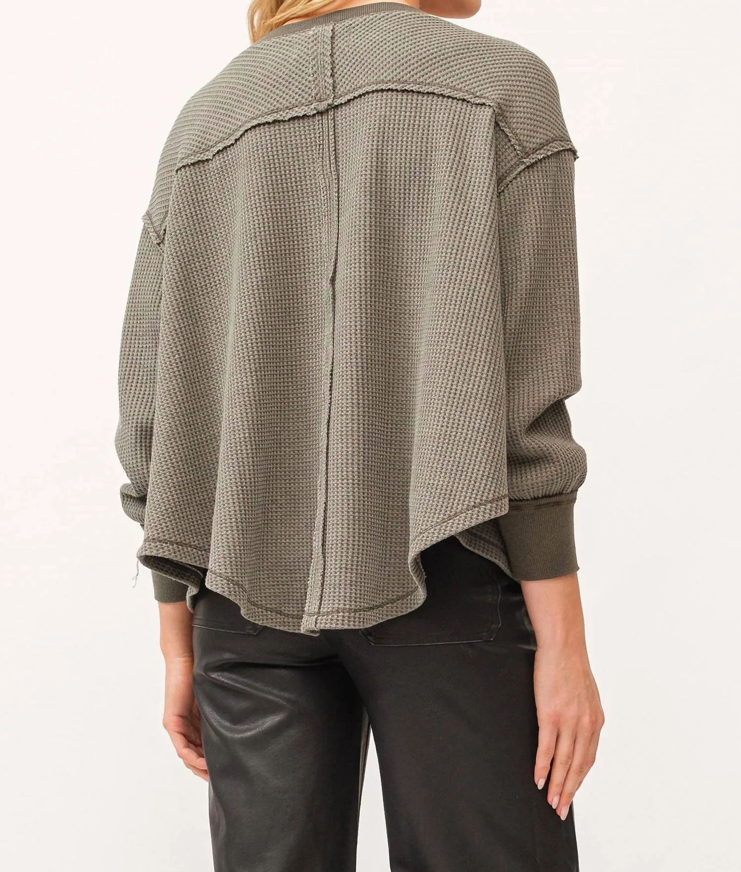Miranda V-Neck Oversized Thermal Top In Dark Olive