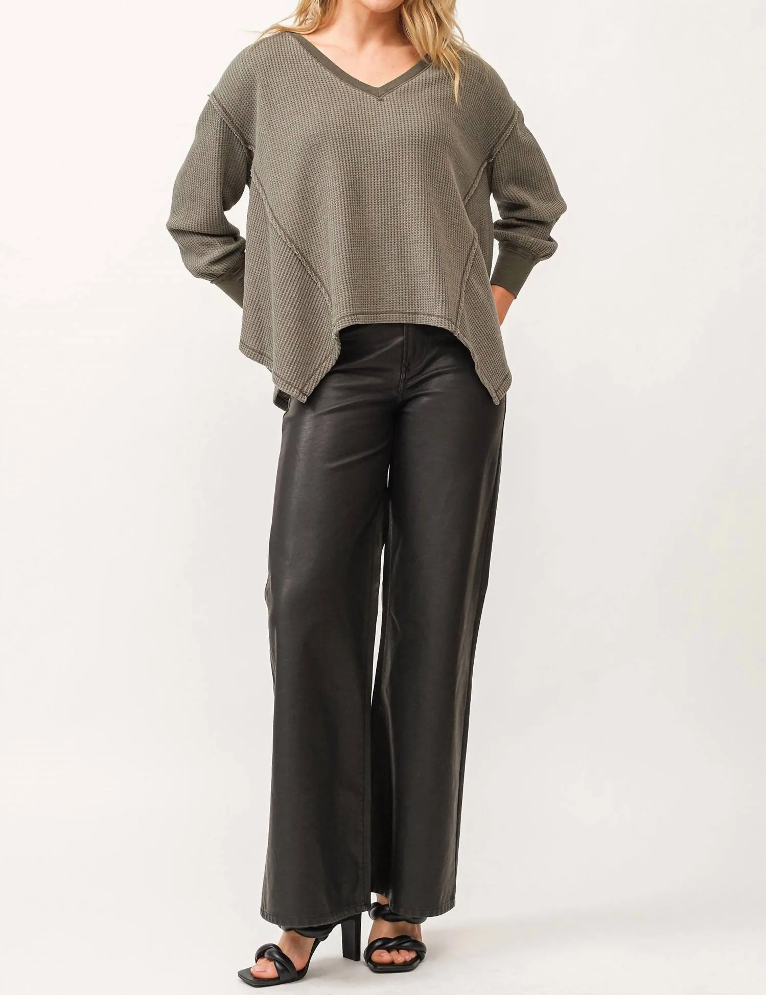 Miranda V-Neck Oversized Thermal Top In Dark Olive
