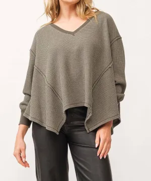 Miranda V-Neck Oversized Thermal Top In Dark Olive