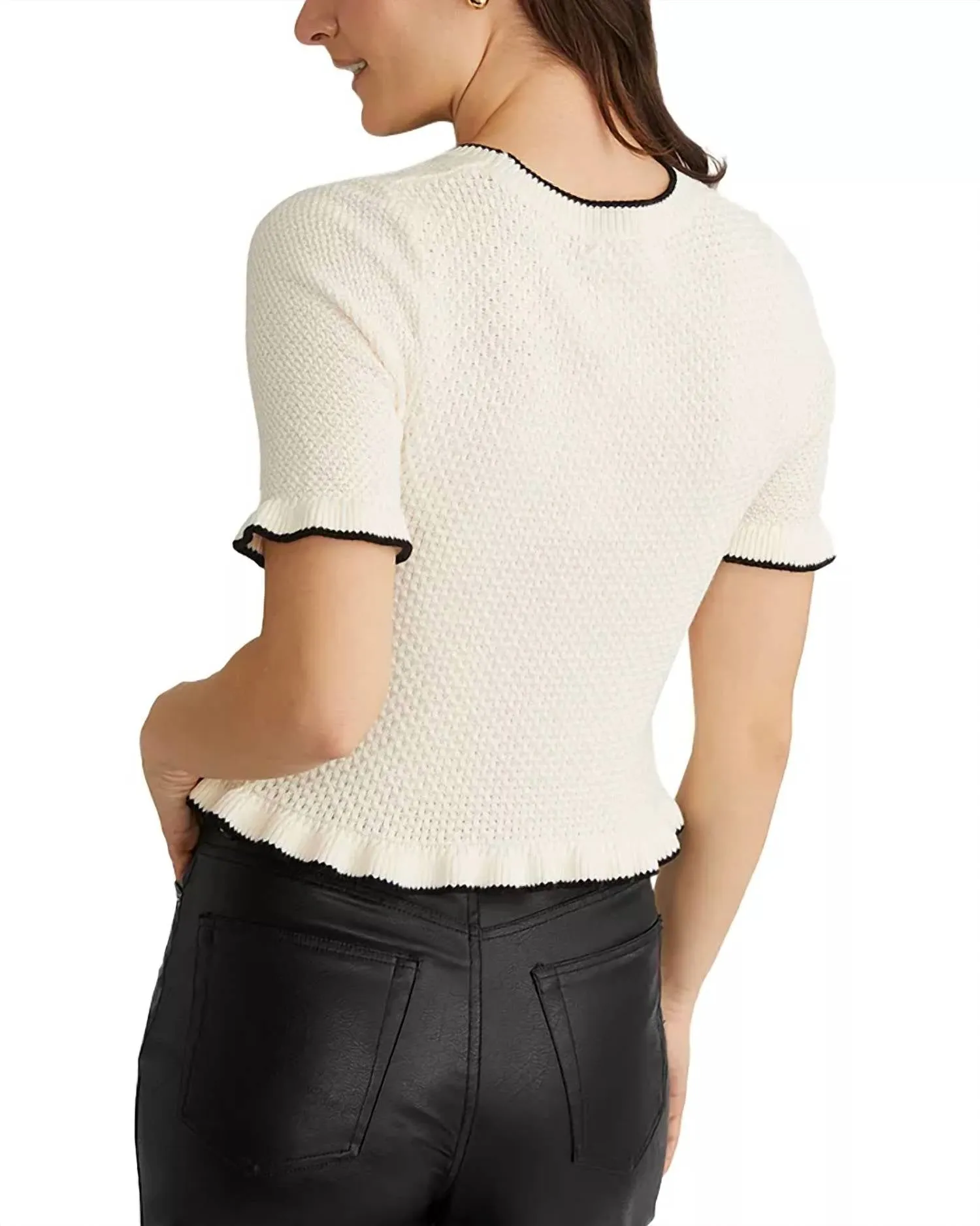 Mixed Stitch Ruffled Trim Sweater In Ecru