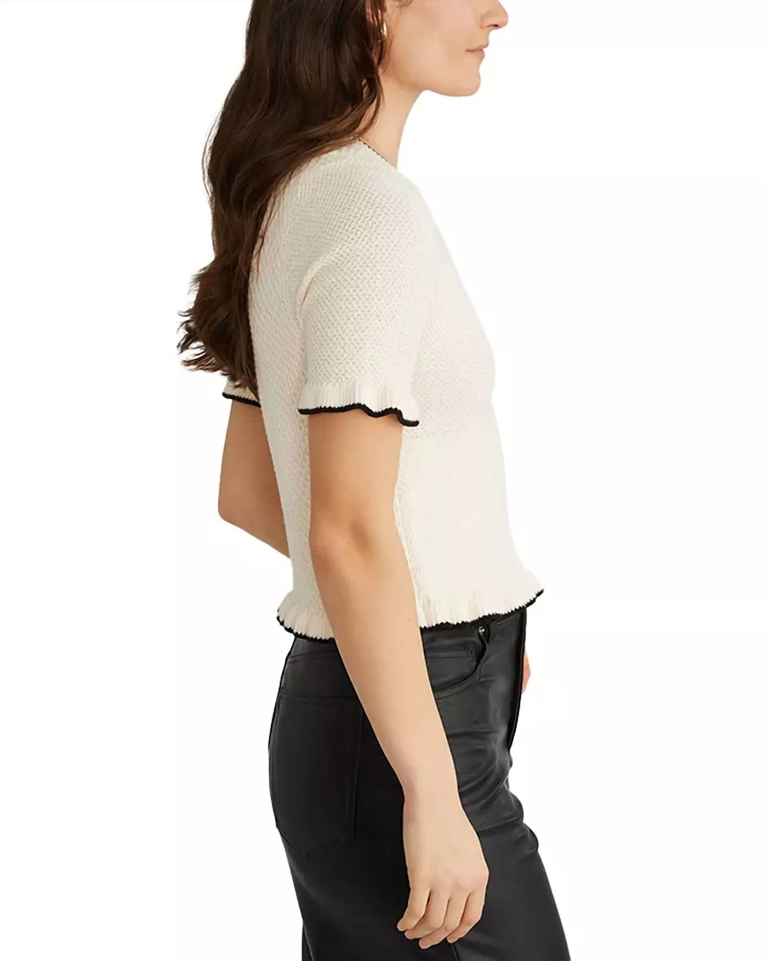 Mixed Stitch Ruffled Trim Sweater In Ecru