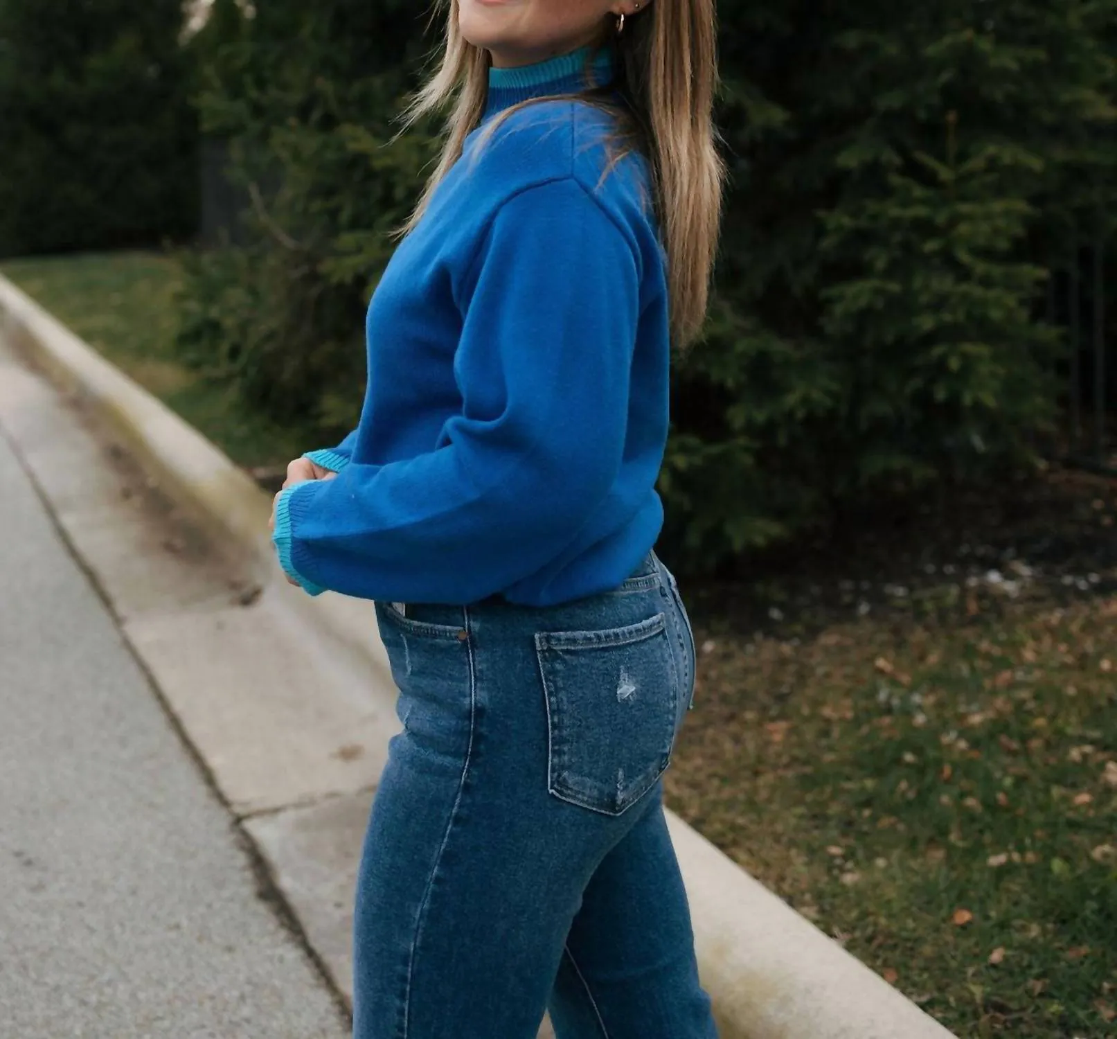 Mock Neck Trim Sweater In Blue