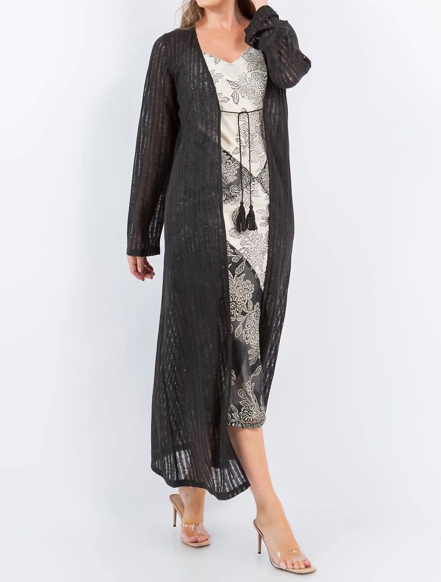 Needle Out Knit Tie Front Maxi Duster In Black
