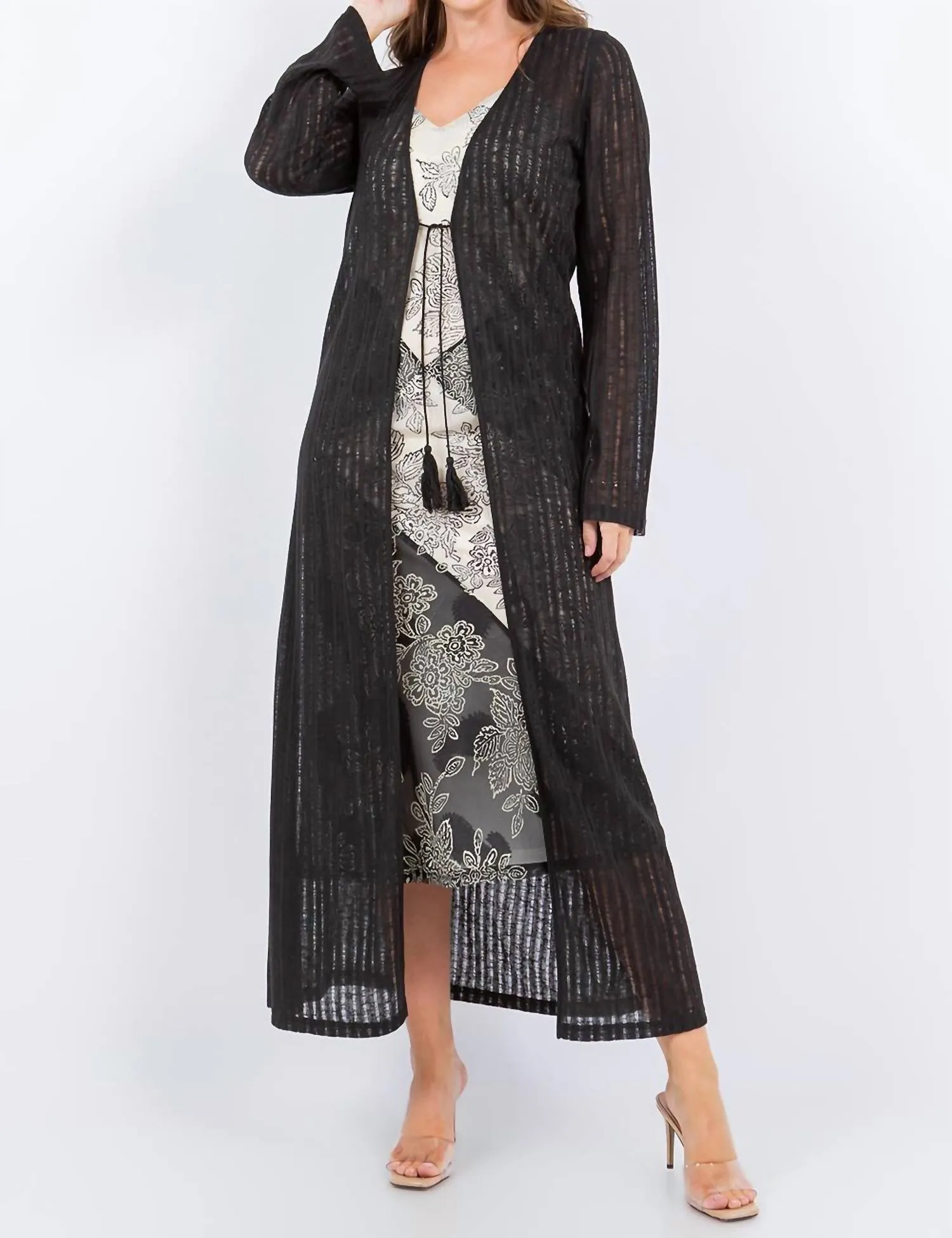 Needle Out Knit Tie Front Maxi Duster In Black