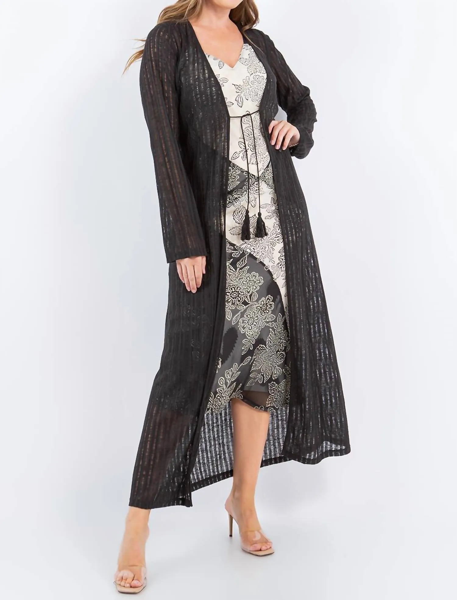 Needle Out Knit Tie Front Maxi Duster In Black