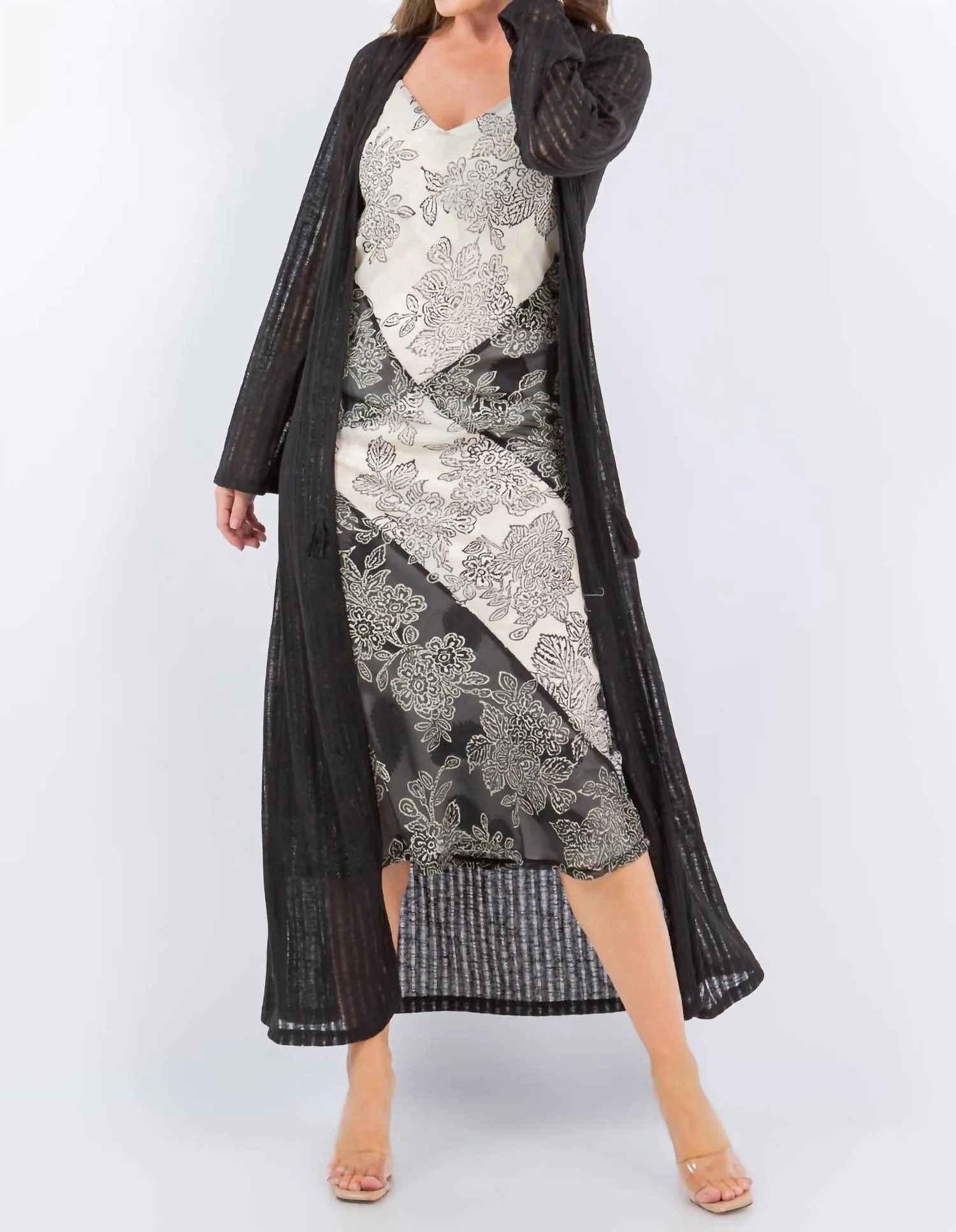 Needle Out Knit Tie Front Maxi Duster In Black