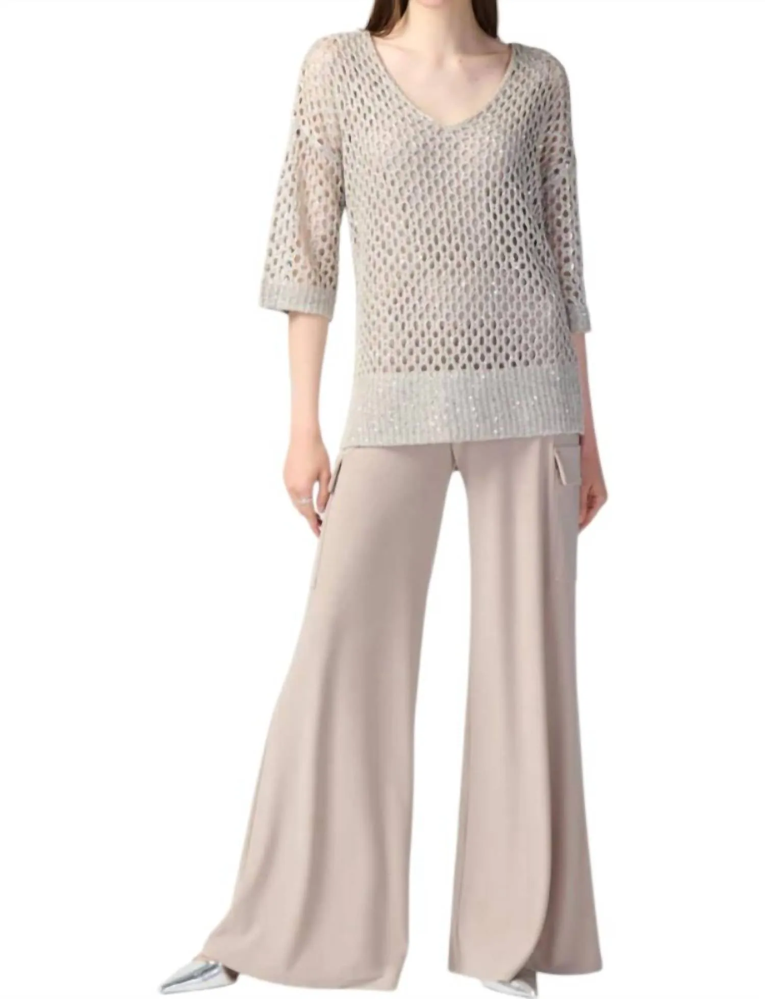 Open Stitch Sweater With Sequins In Champagne