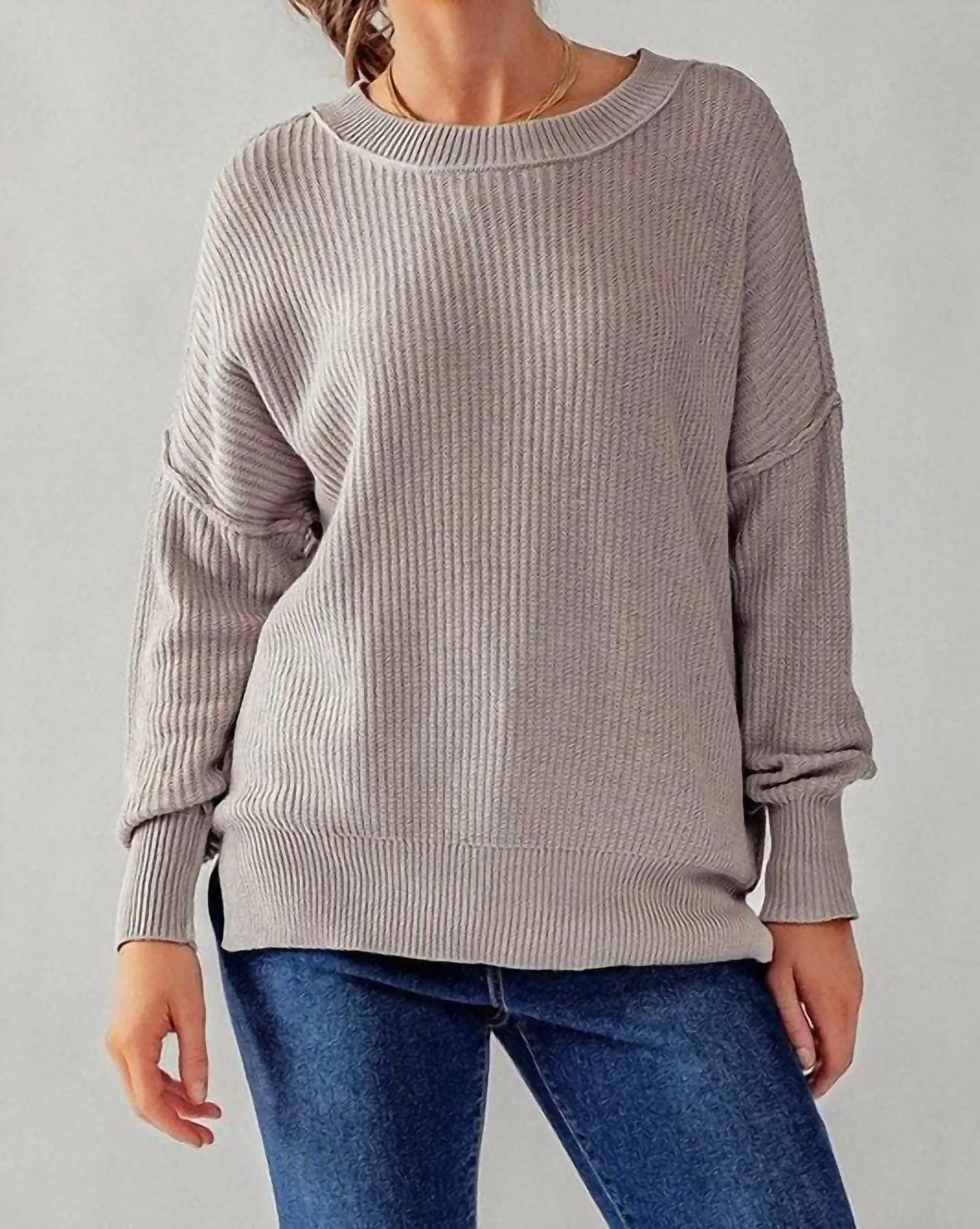 Oversized Side Slit Crew Neck Cozy Sweater In Grey Lilac