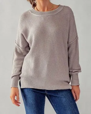 Oversized Side Slit Crew Neck Cozy Sweater In Grey Lilac