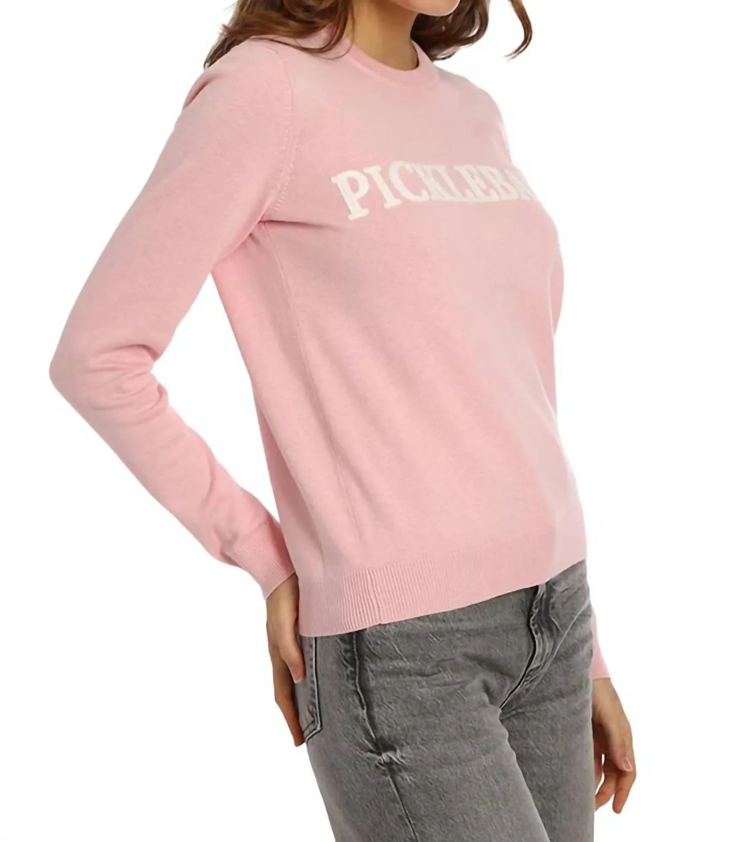 Pickleball Embroidery Crew Sweater In Pink Bellini