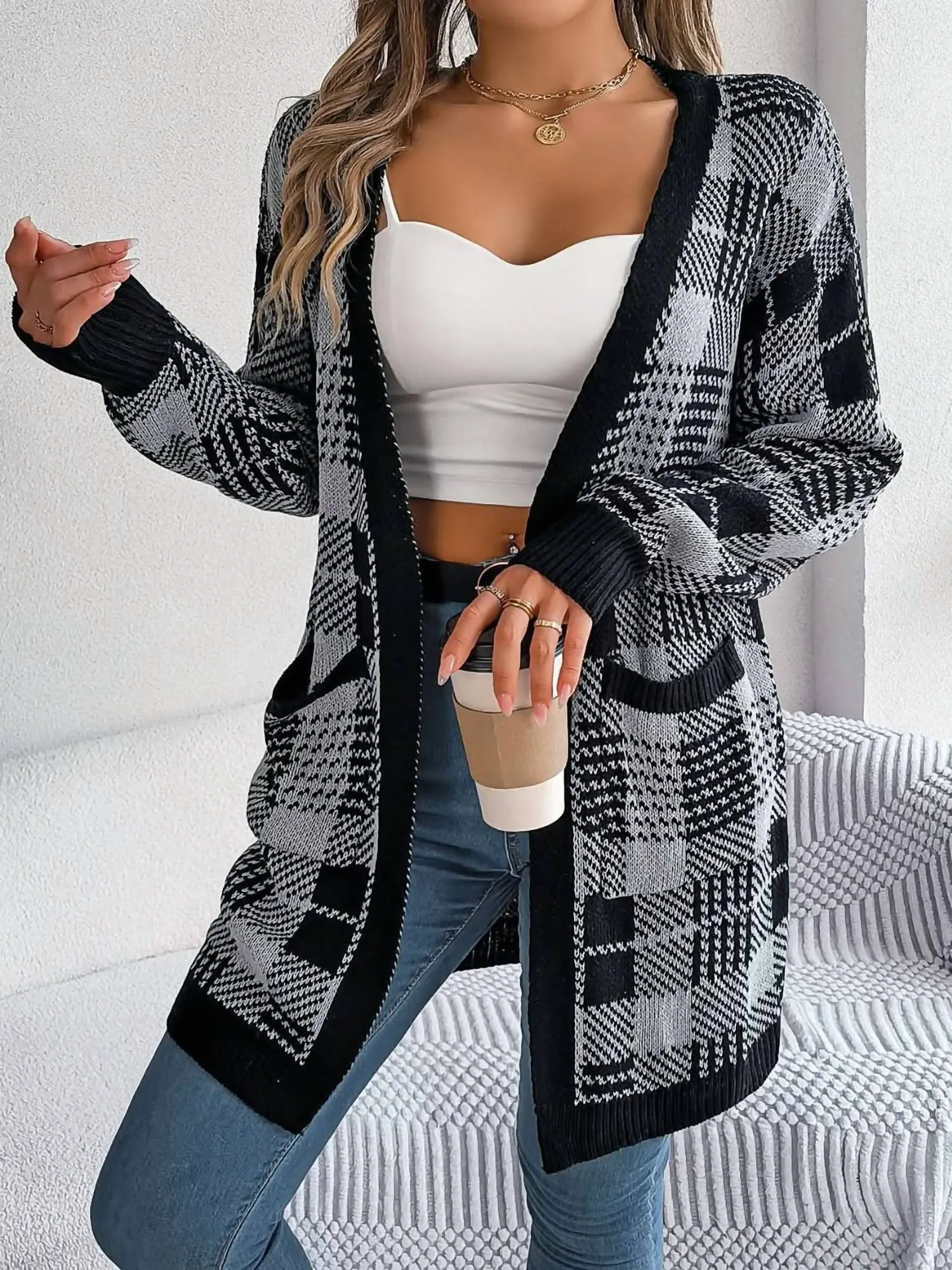 Plaid Open Front Long Sleeve Cardigan In Black