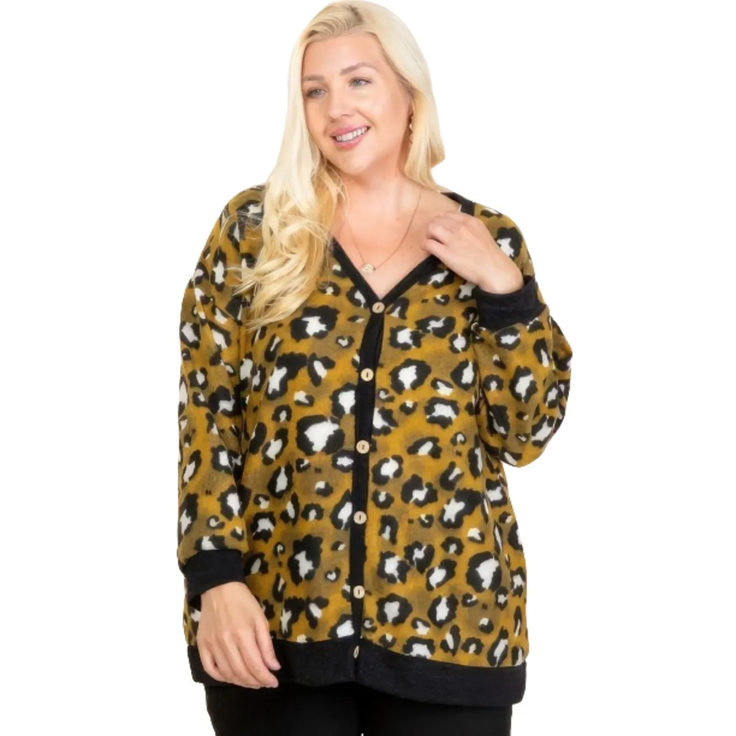 Plus Size Cozy Animal Mir Print With Brush Button Up Cardigan