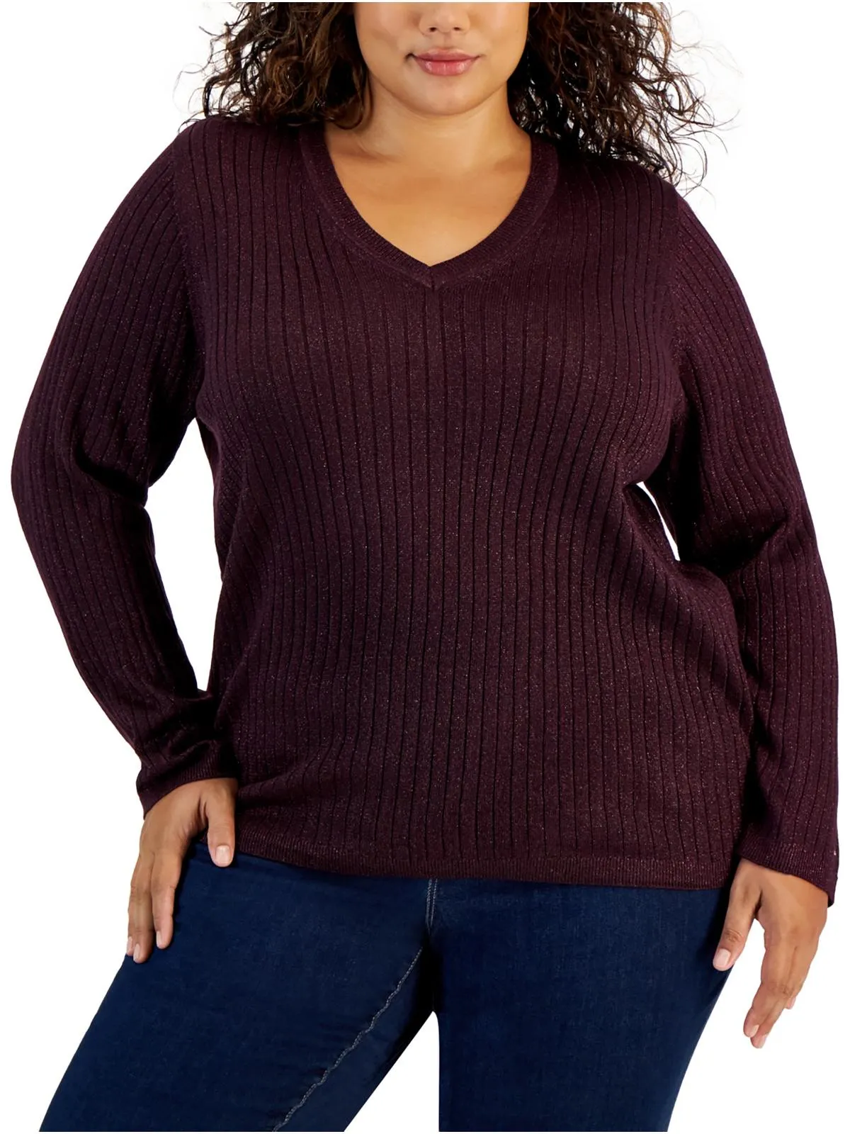 Plus Womens Metallic V-Neck Pullover Sweater