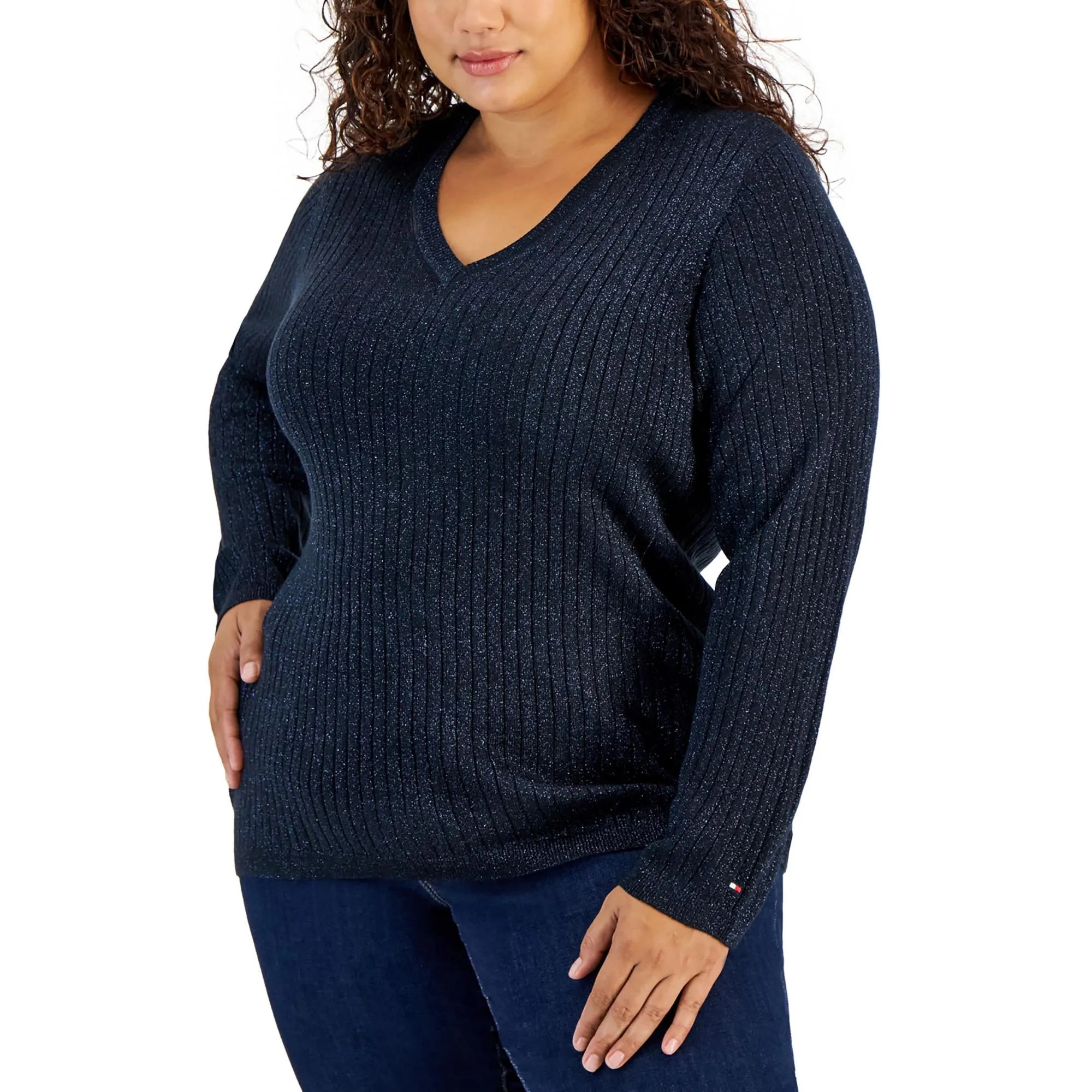 Plus Womens Metallic V-Neck Pullover Sweater