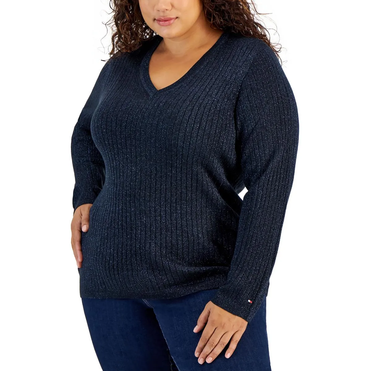 Plus Womens Metallic V-Neck Pullover Sweater