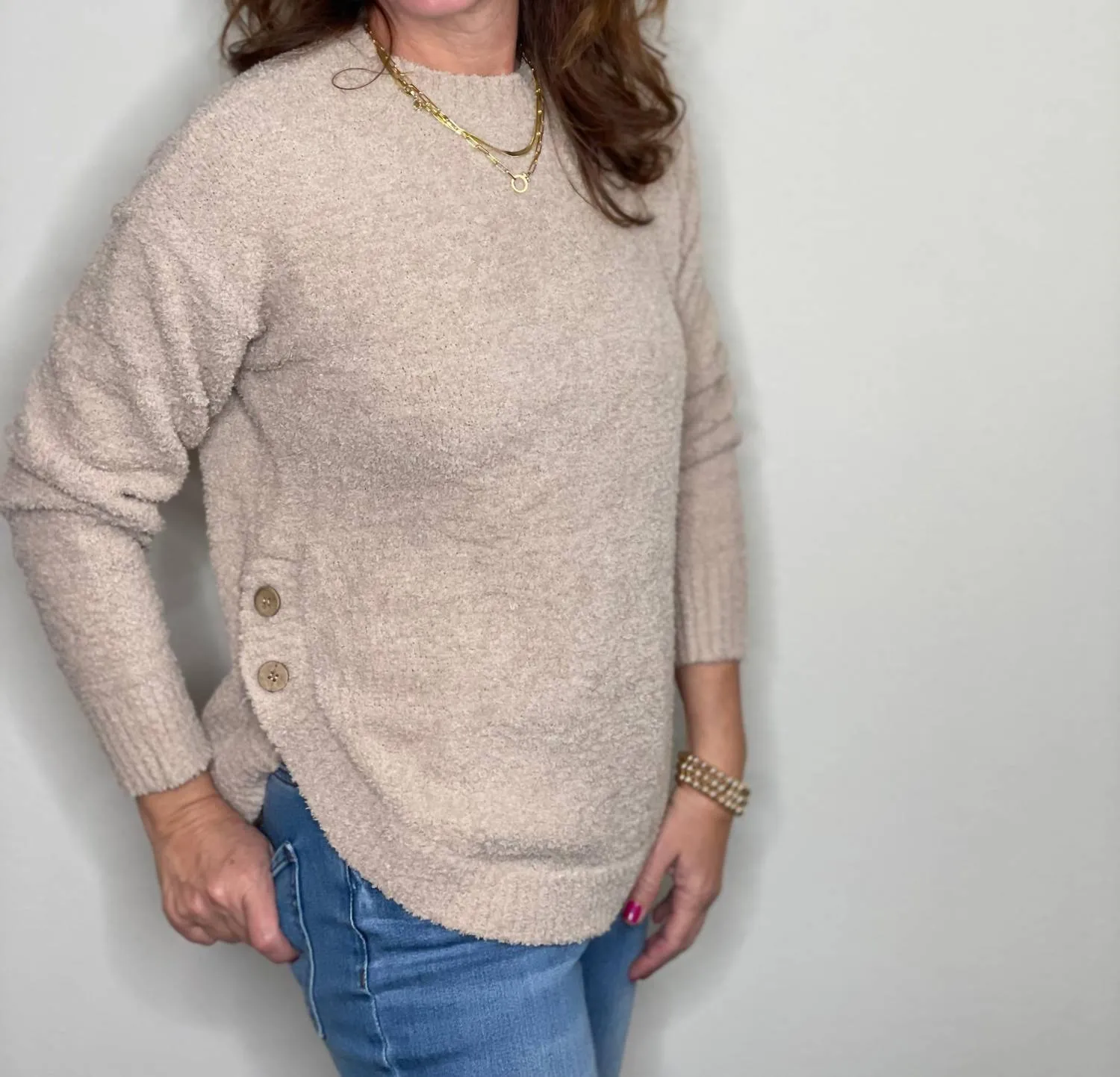 Plush Side Button Crew Top In Taupe