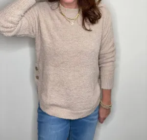 Plush Side Button Crew Top In Taupe