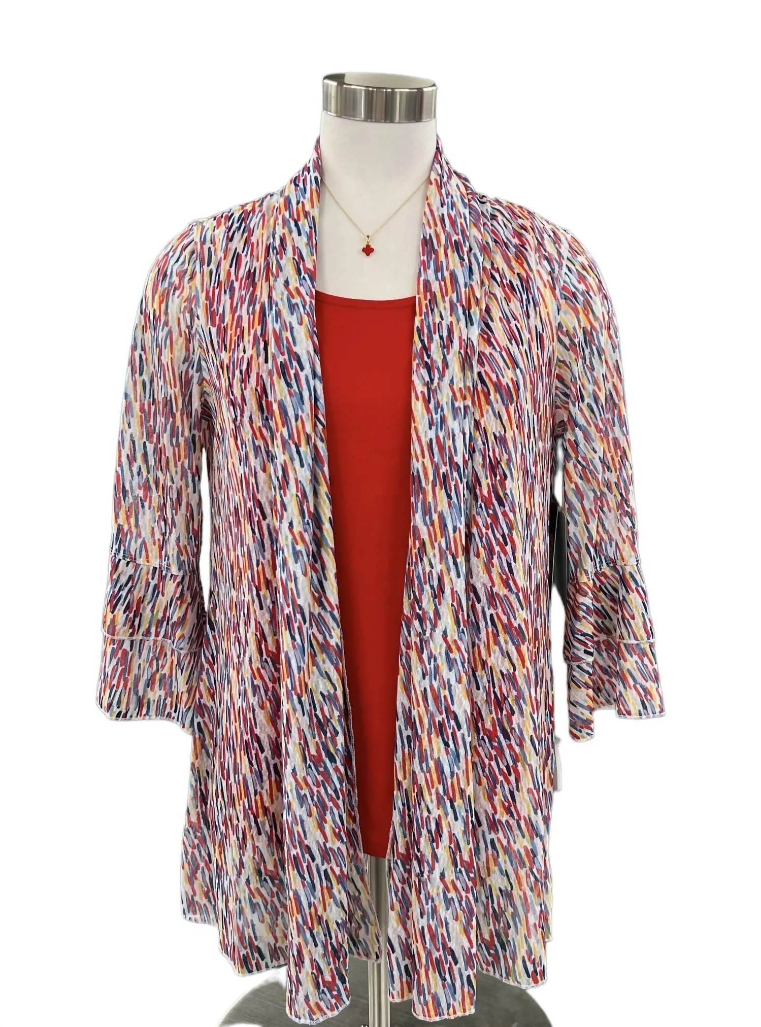 Print Mesh Open Cardigan In Ivory/red/blue
