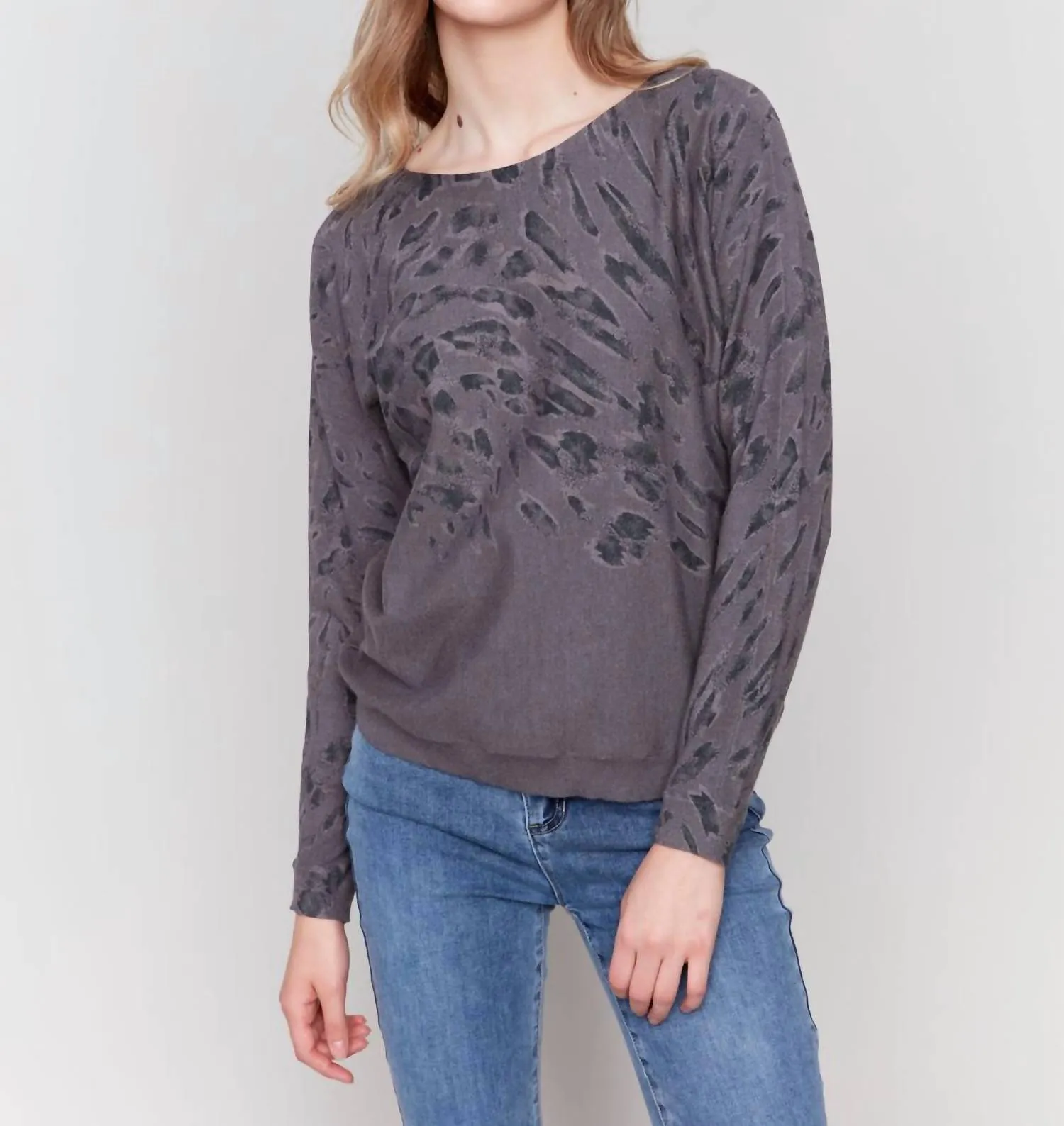 Printed Boat Neck Dolman Sleeve Sweater In Charcoal