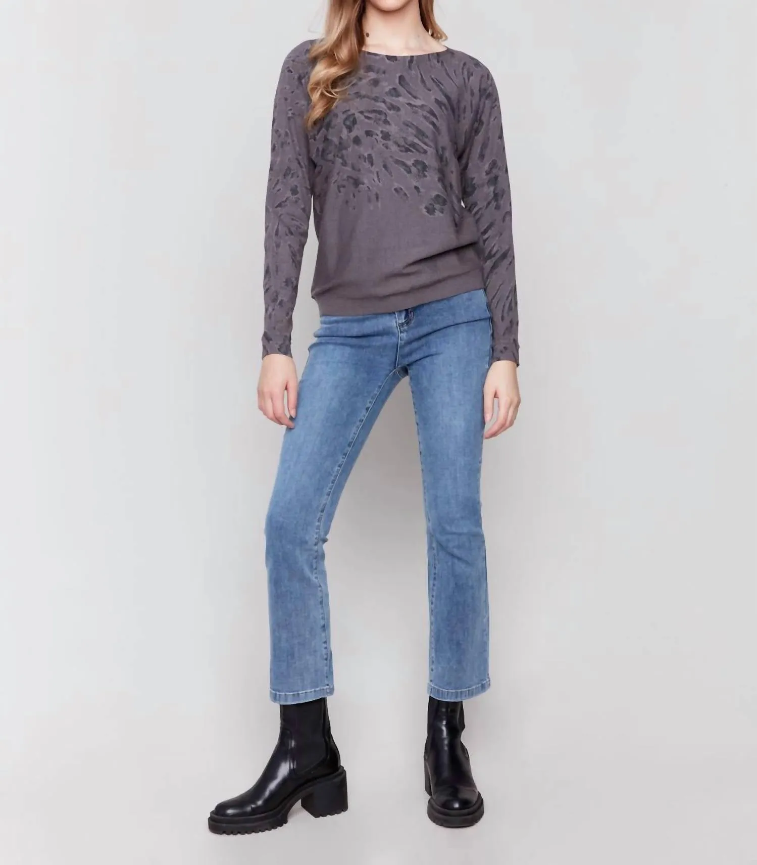 Printed Boat Neck Dolman Sleeve Sweater In Charcoal