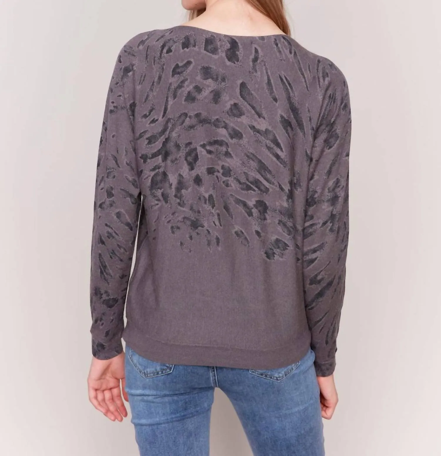 Printed Boat Neck Dolman Sleeve Sweater In Charcoal