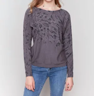 Printed Boat Neck Dolman Sleeve Sweater In Charcoal