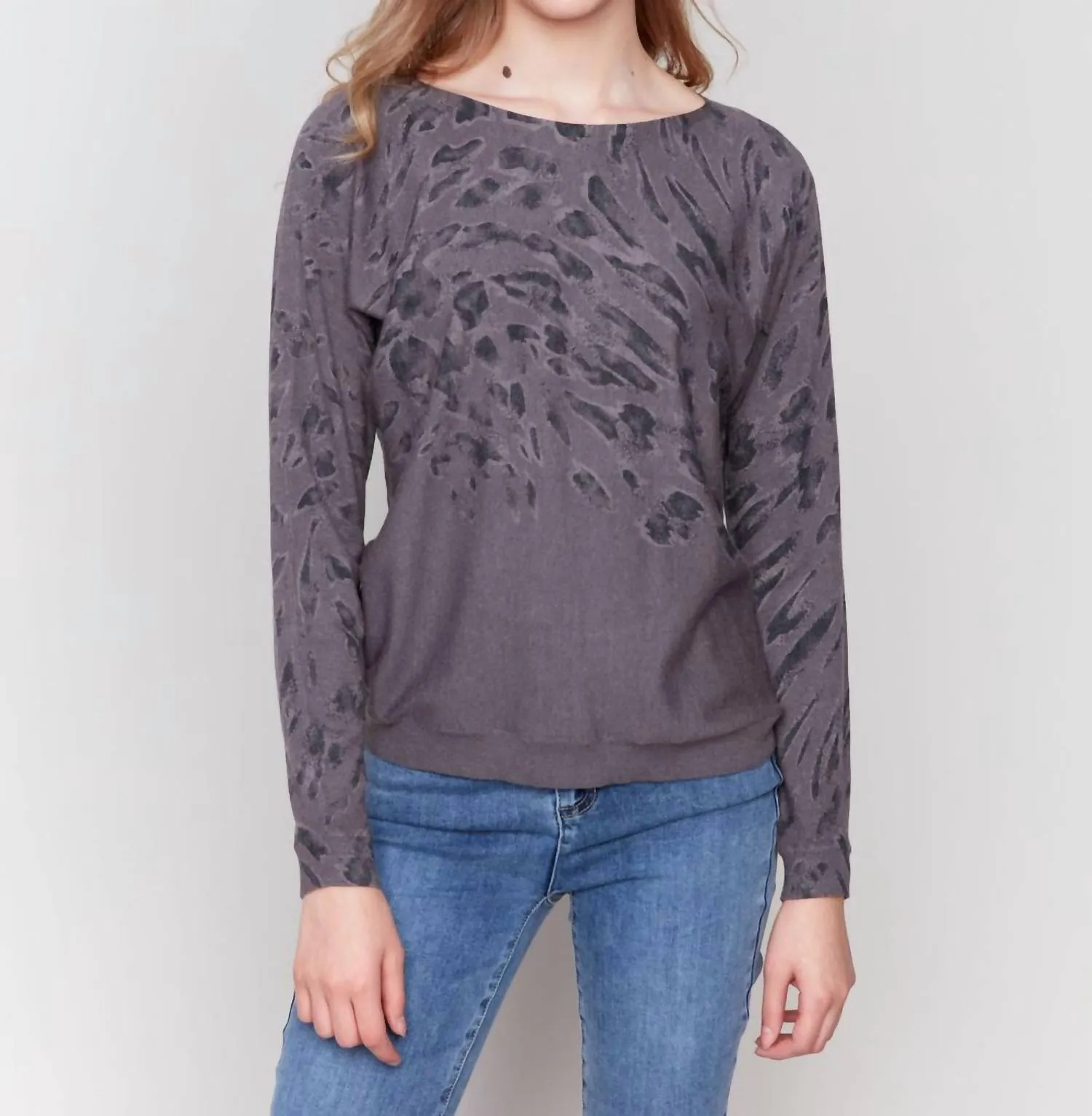 Printed Boat Neck Dolman Sleeve Sweater In Charcoal