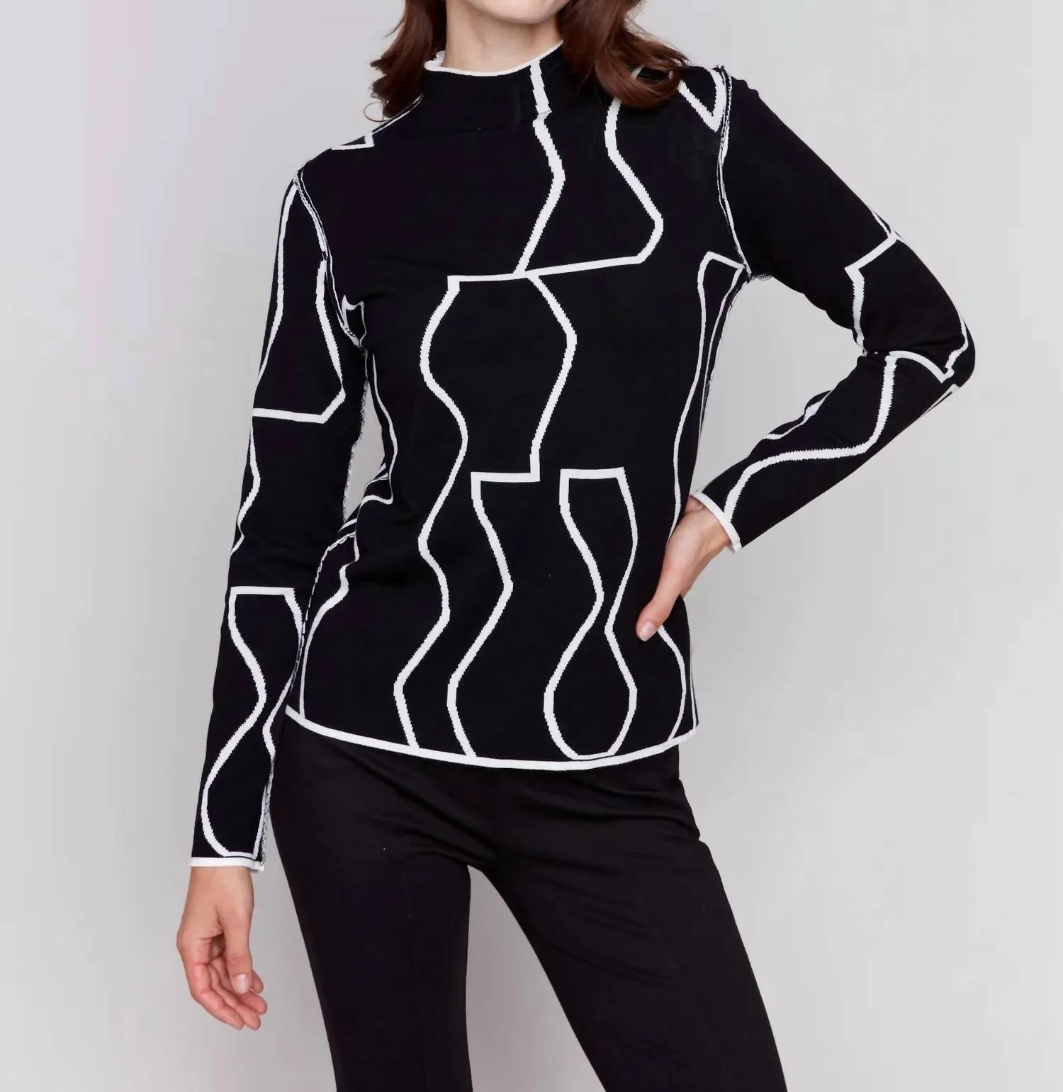 Reversible Jacquard Mock Neck Sweater In Black & Cream