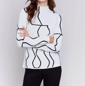 Reversible Jacquard Mock Neck Sweater In Black & Cream