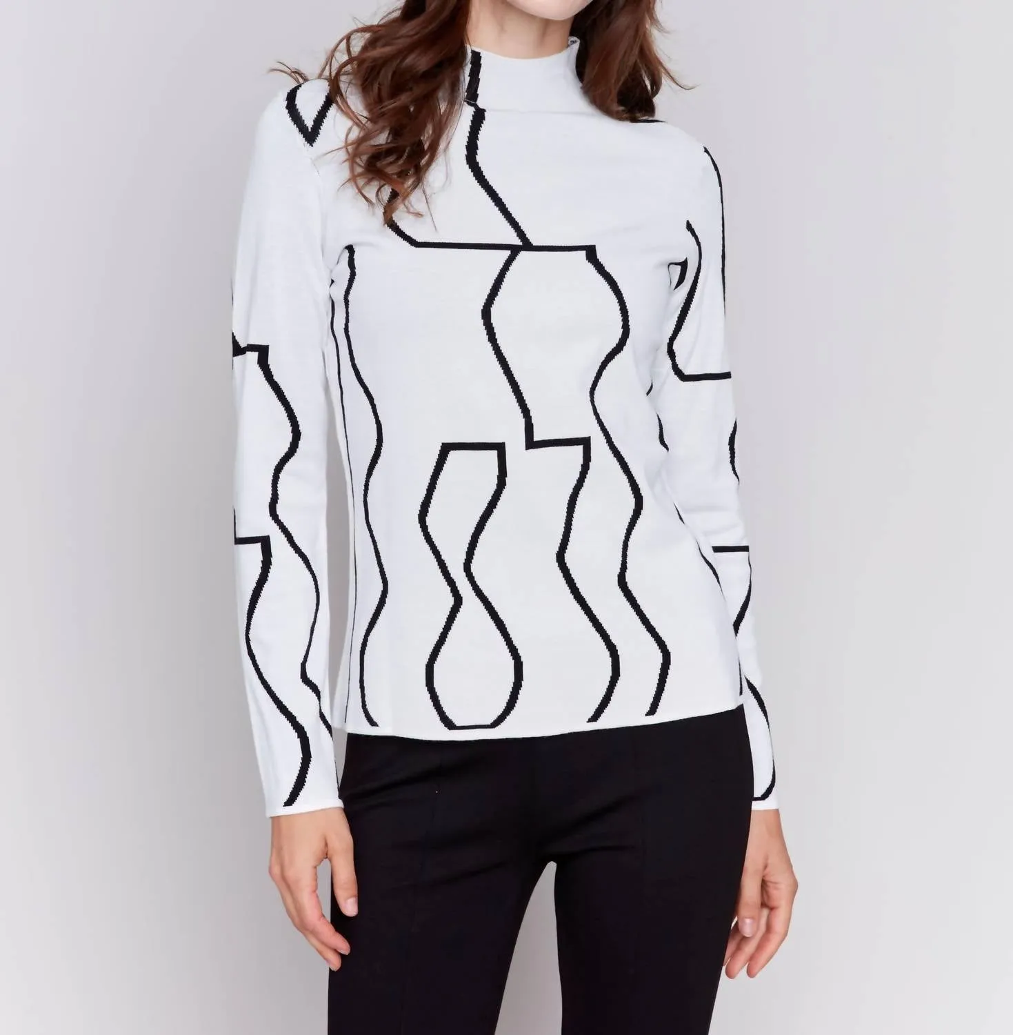 Reversible Jacquard Mock Neck Sweater In Black & Cream