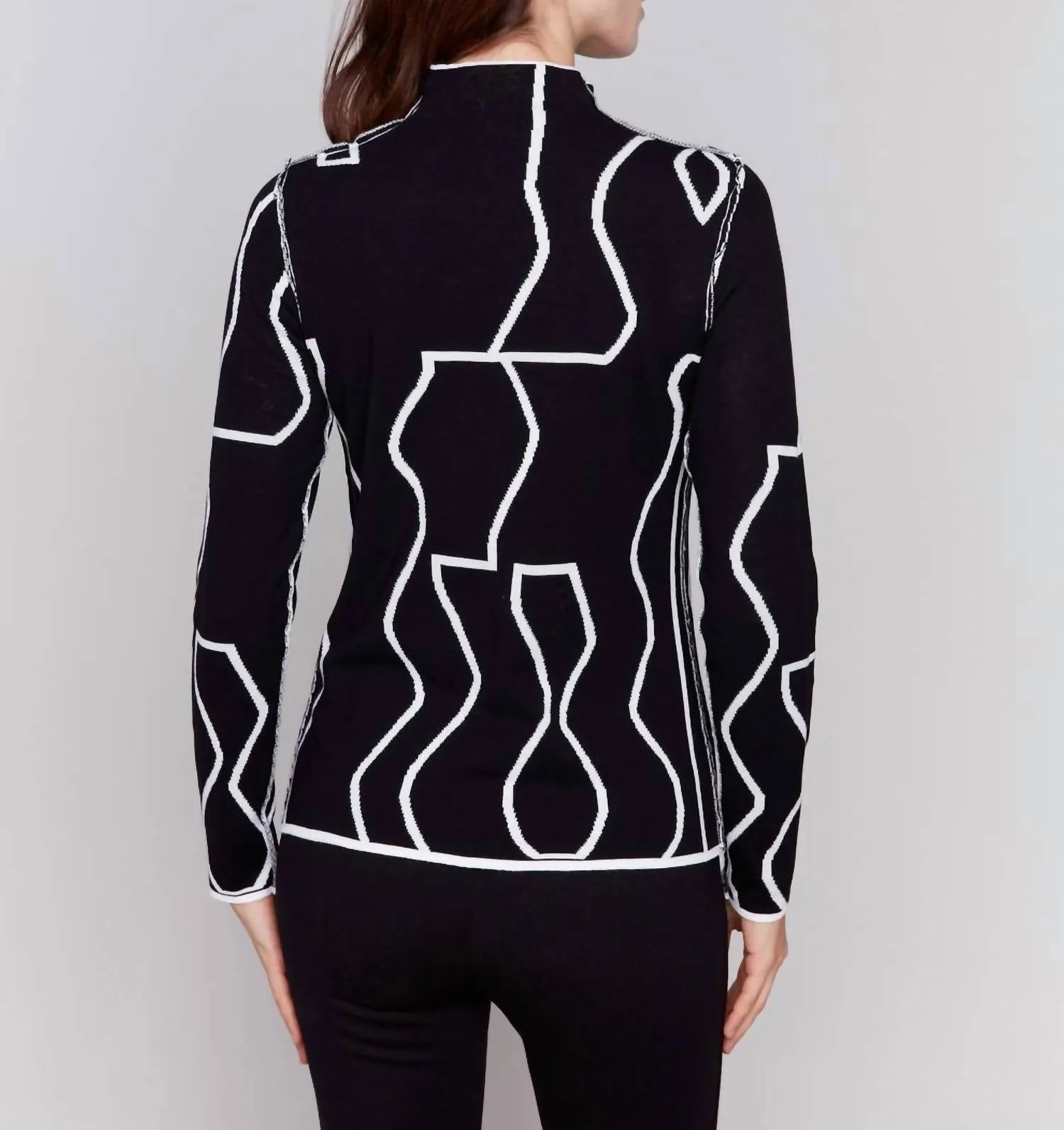 Reversible Jacquard Mock Neck Sweater In Black & Cream
