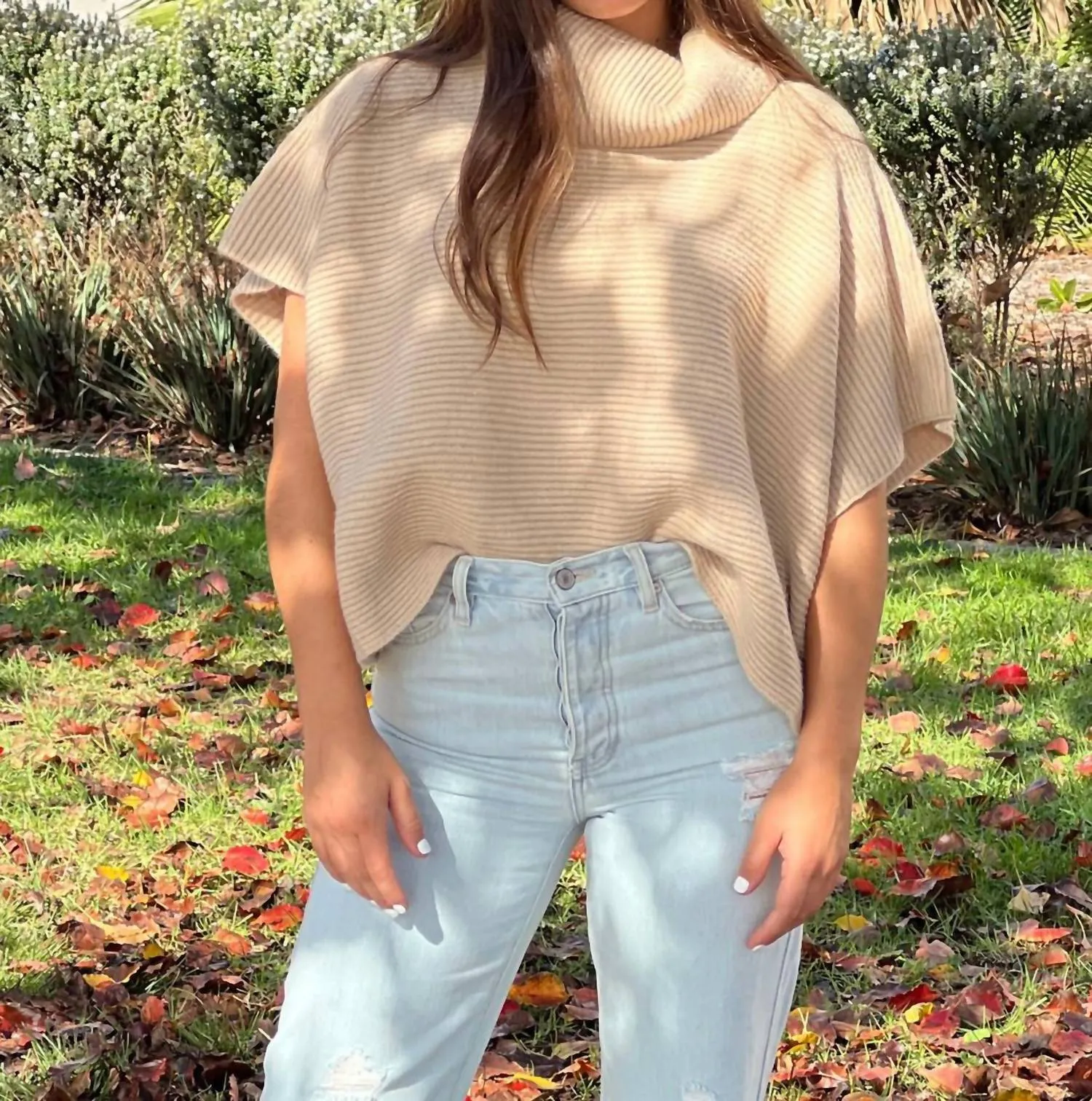 Ribbed Cowl Neck Short Sleeve Sweater In Beige