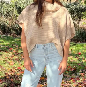 Ribbed Cowl Neck Short Sleeve Sweater In Beige