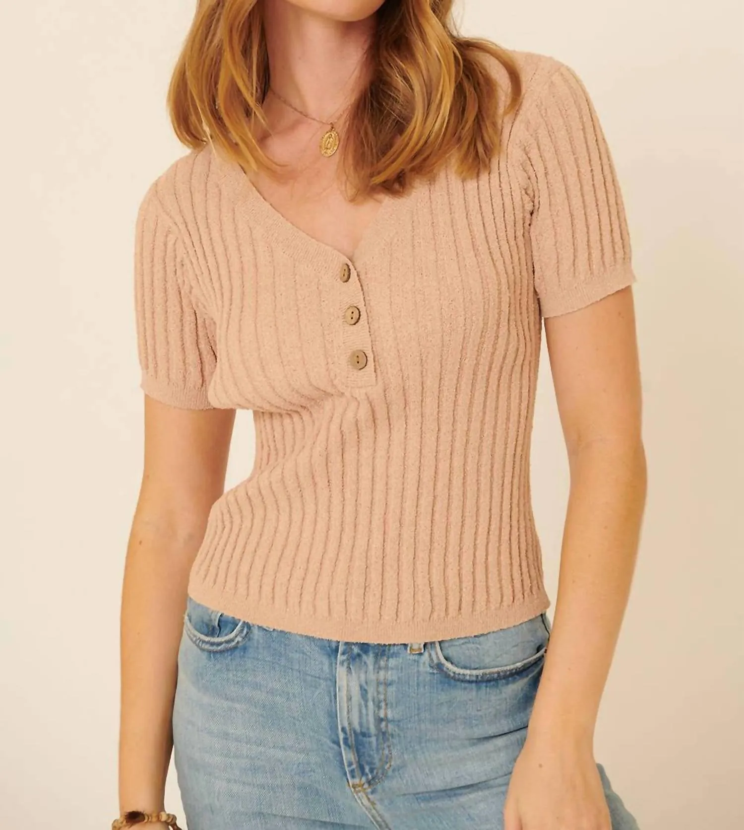 Ribbed Knit V Neck Button Front Sweater Top In Blush Tan