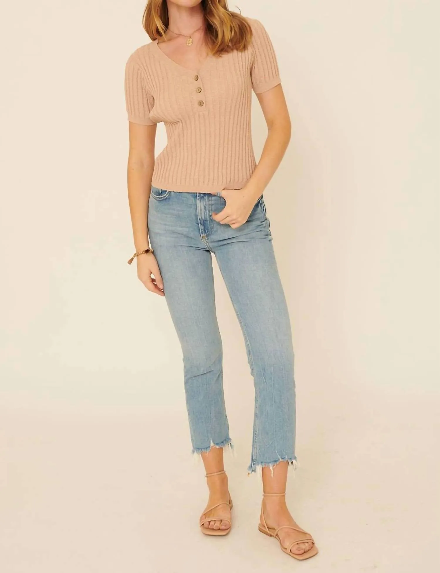 Ribbed Knit V Neck Button Front Sweater Top In Blush Tan