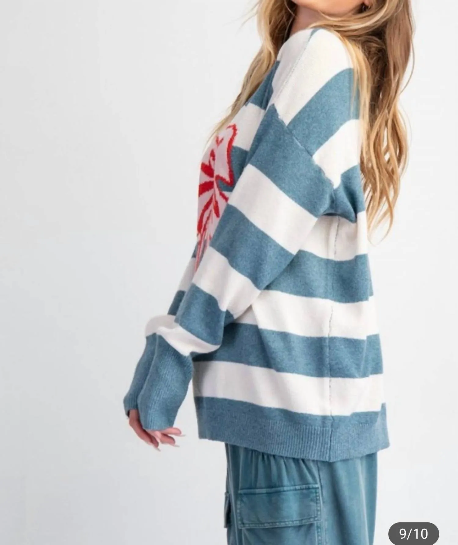 Ribbon & Striped Knit Sweater Pullover In Teal
