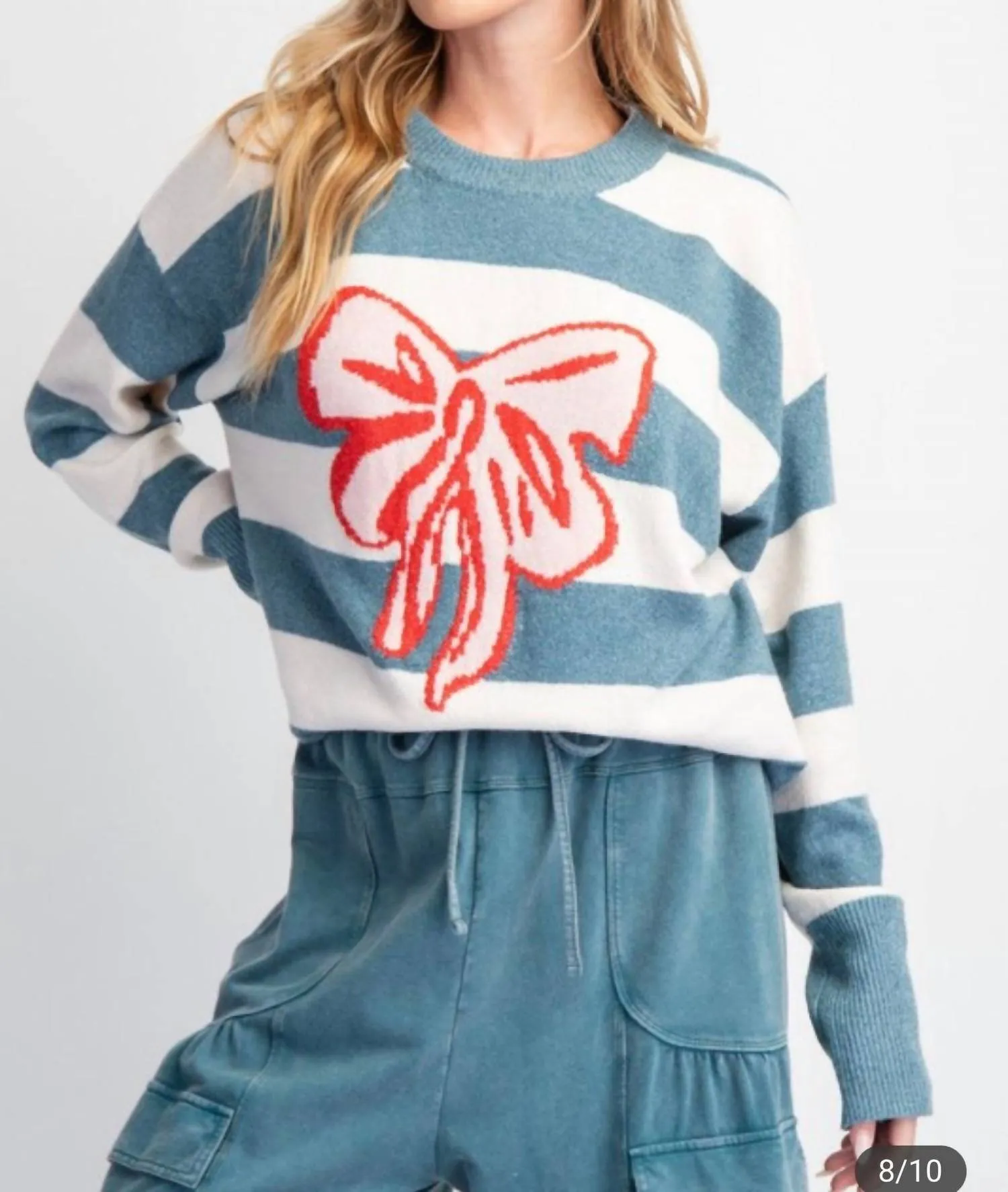 Ribbon & Striped Knit Sweater Pullover In Teal