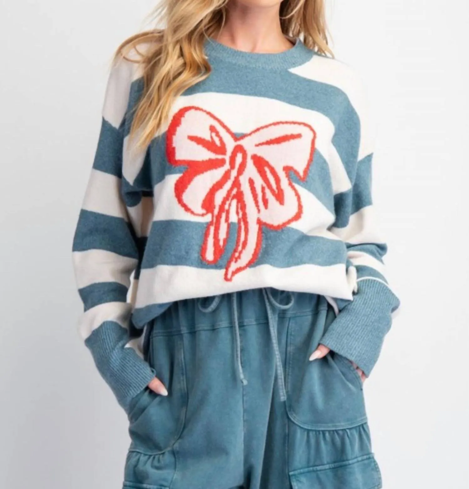 Ribbon & Striped Knit Sweater Pullover In Teal
