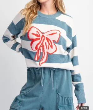 Ribbon & Striped Knit Sweater Pullover In Teal