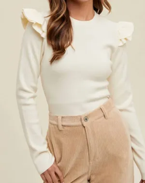 Ruffle Sleeve Sweater In Cream