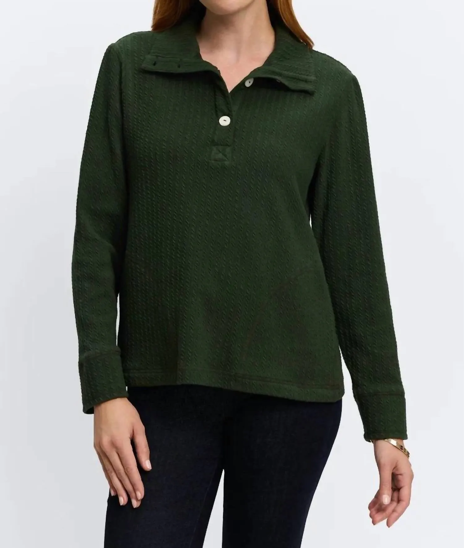 Sammy Cable Knit Long Sleeve Popover In Dark Green