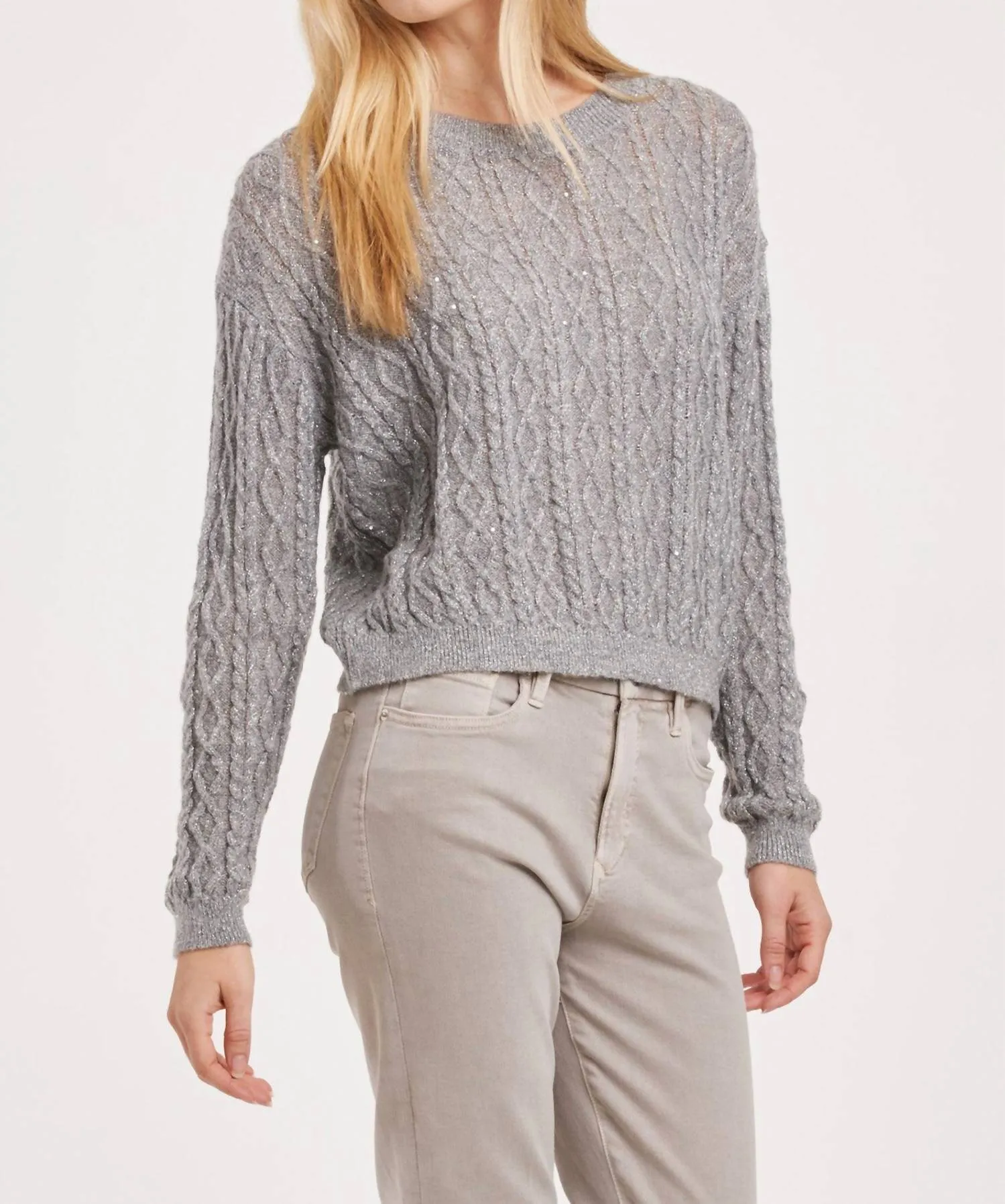 Sarai Cable Knit Sequin Sweater In Grey