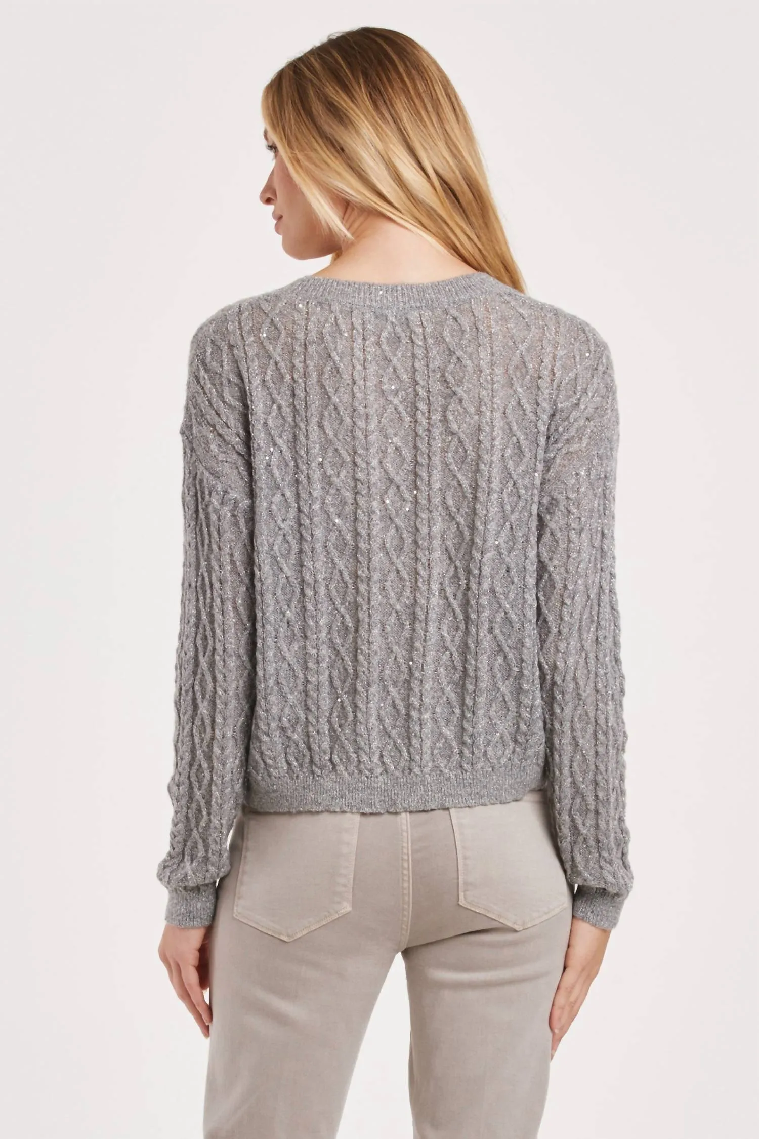 Sarai Cable Knit Sequin Sweater In Grey