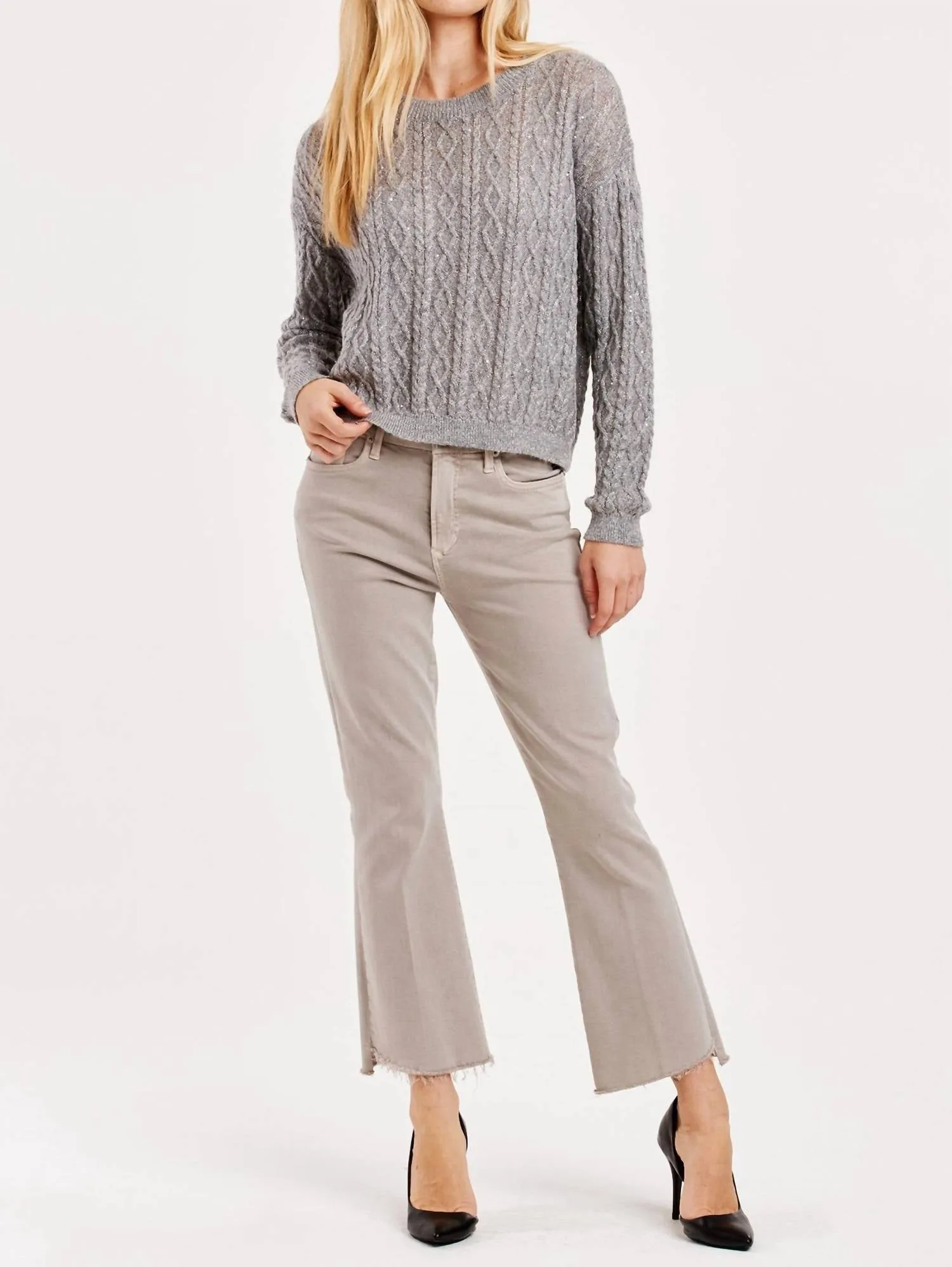 Sarai Cable Knit Sequin Sweater In Grey