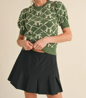 Short Sleeve Bow Pattern Sweater In Olive