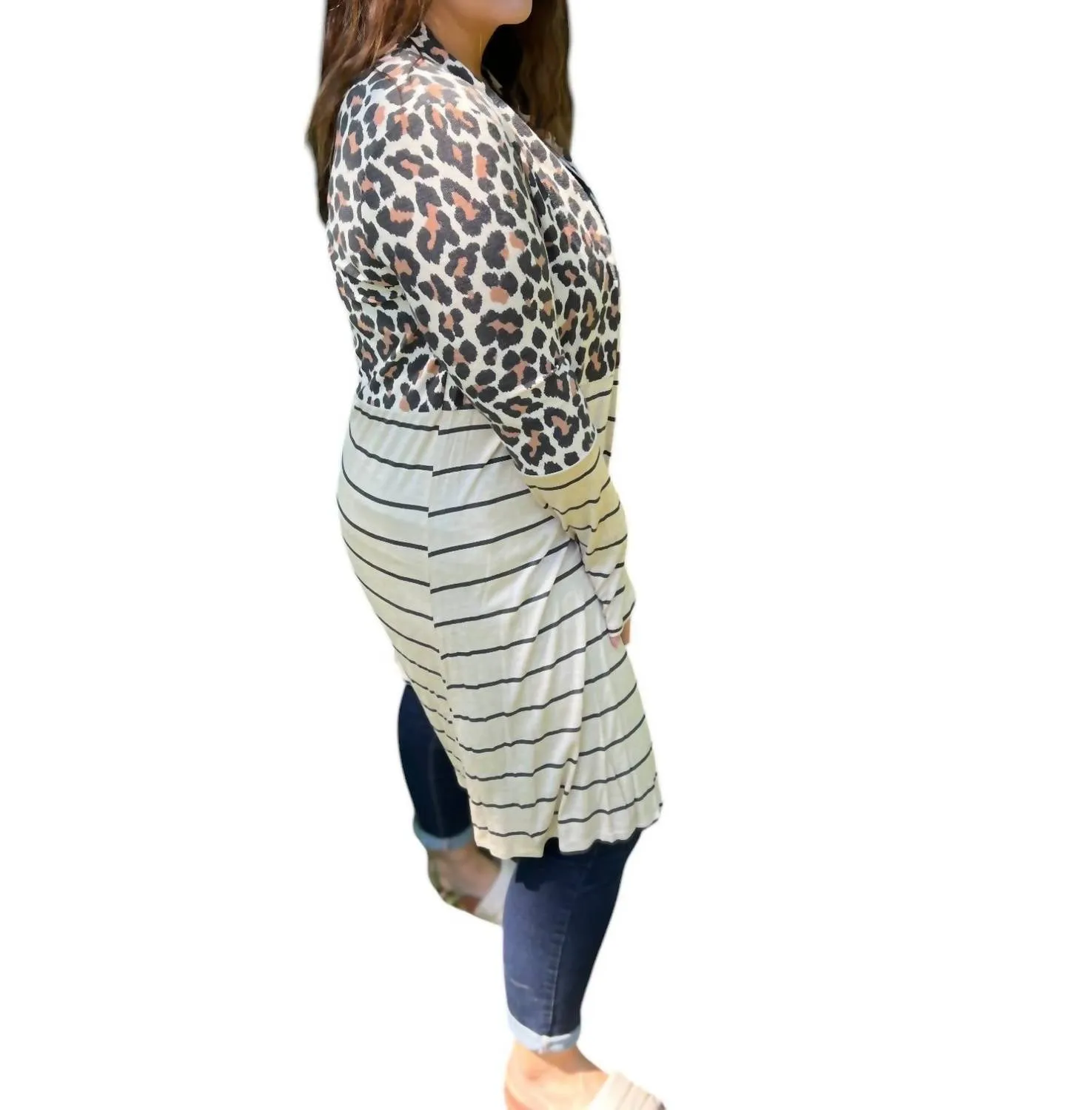 Stripe Block Cardigan In Leopard Print
